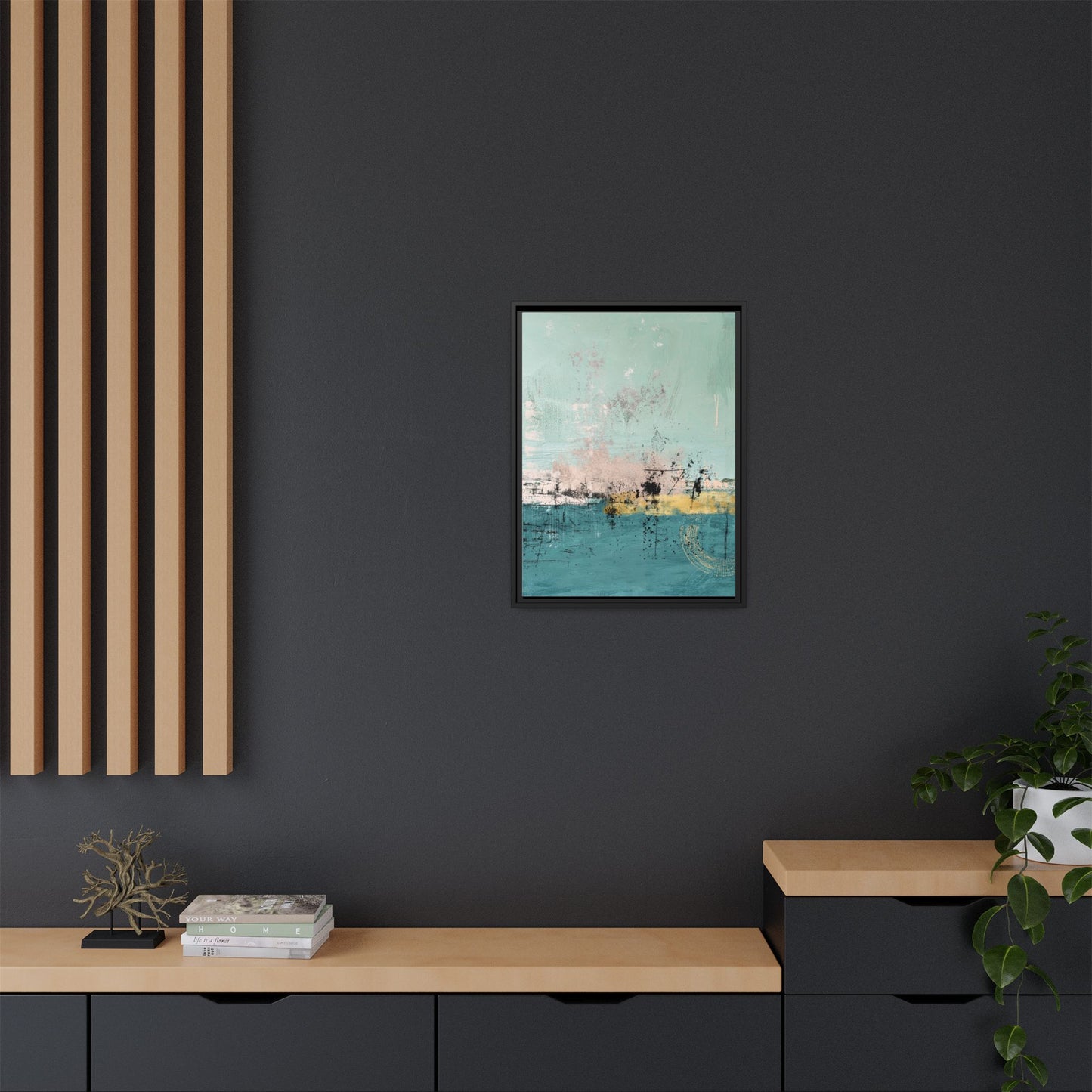 Abstract Coastal Matte Canvas Framed Art - Teal, Coral & Gold Modern Wall Decor - Fortunate Lemon Shop