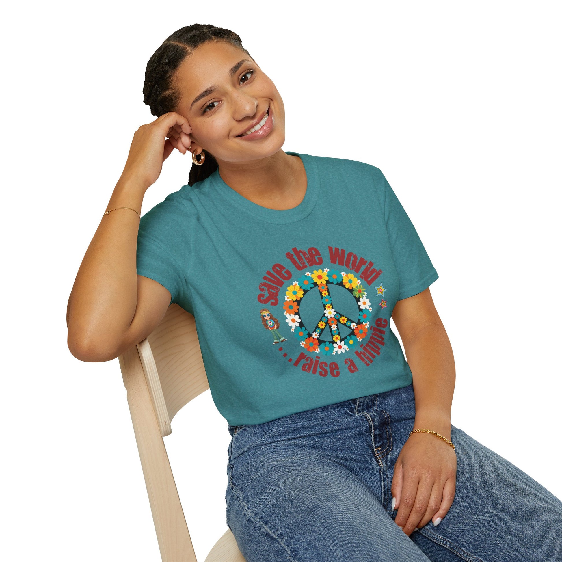 Vintage T-Shirt – "Save the World, Raise a Hippie" Peace Sign Floral Design - Fortunate Lemon Shop