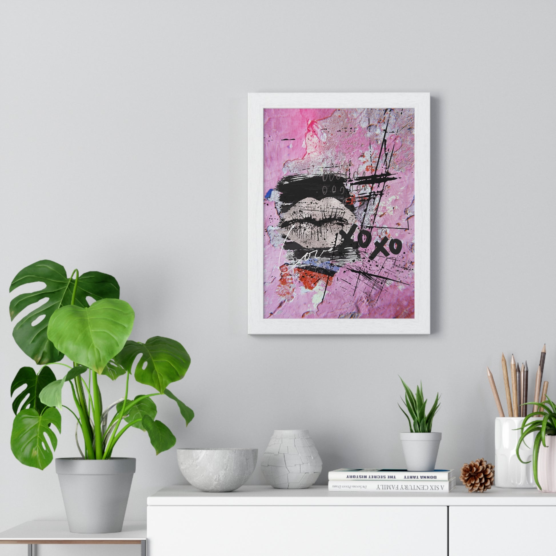 XOXO Lip Print Framed Poster — Pink Abstract Pop Art Wall Decor - Fortunate Lemon Shop