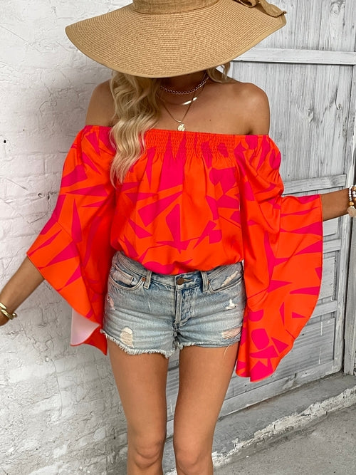 Printed Off-Shoulder Bell Sleeve Blouse - Fortunate Lemon Shop