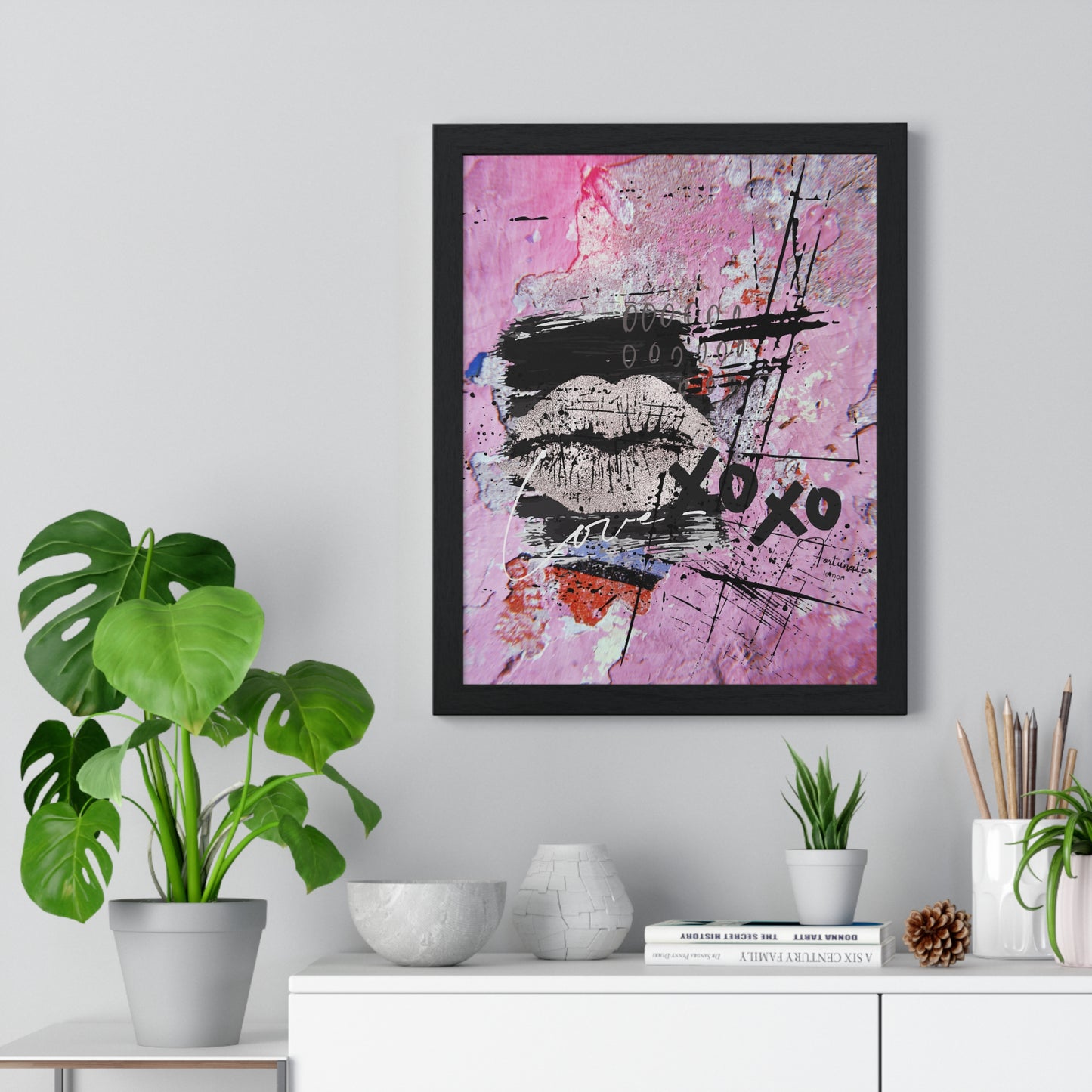 XOXO Lip Print Framed Poster — Pink Abstract Pop Art Wall Decor - Fortunate Lemon Shop