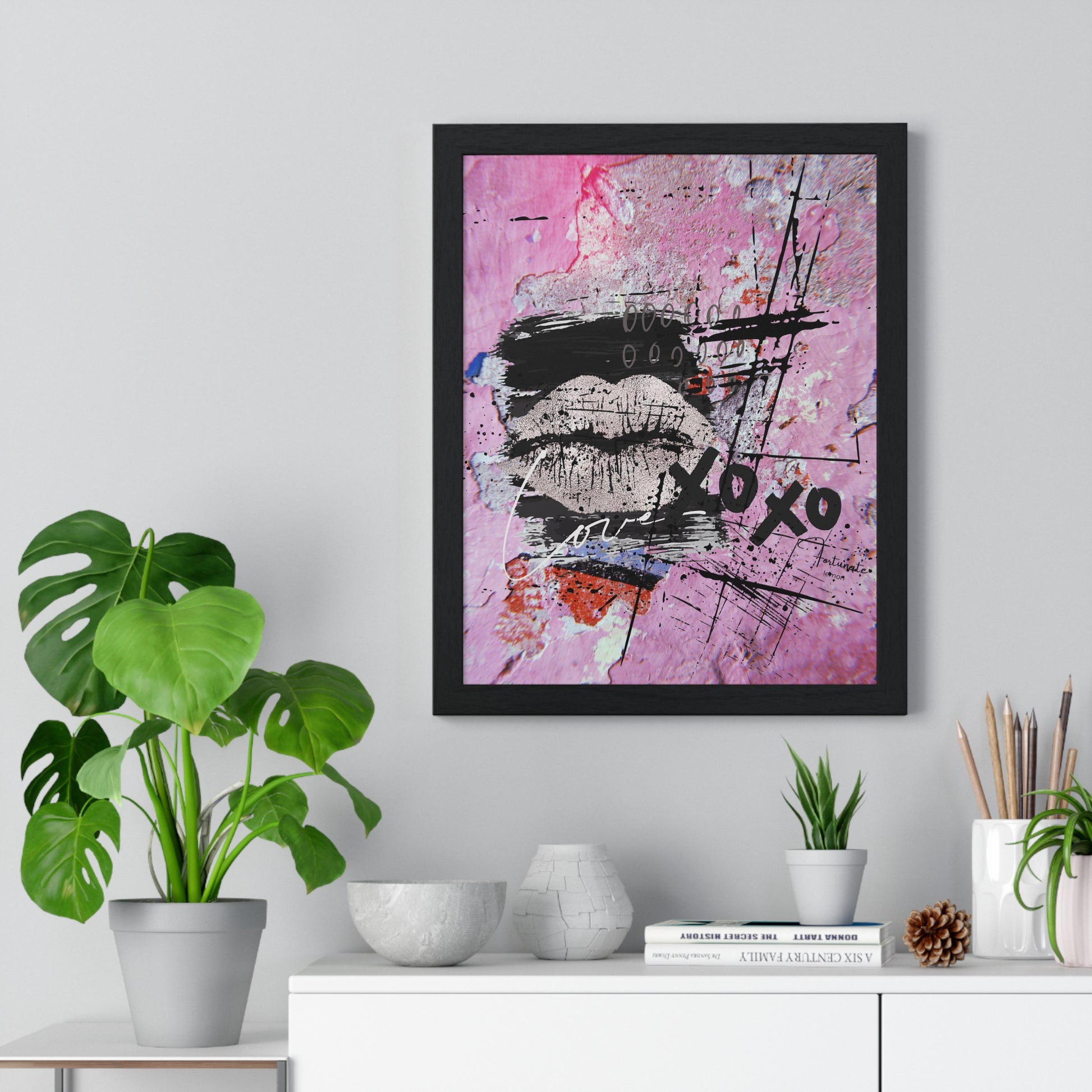 XOXO Lip Print Framed Poster — Pink Abstract Pop Art Wall Decor - Fortunate Lemon Shop
