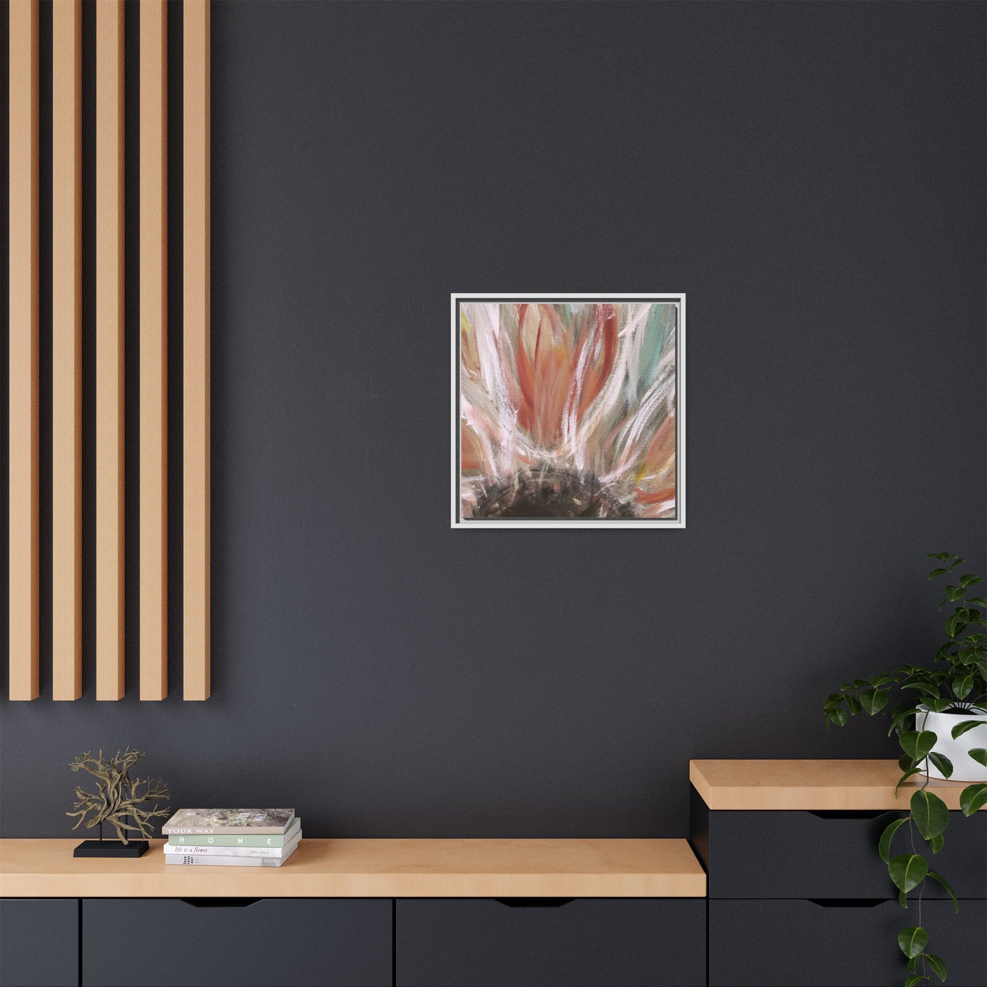 Framed Abstract Flower Canvas Print — Soft Coral & Teal Wall Art - Fortunate Lemon Shop