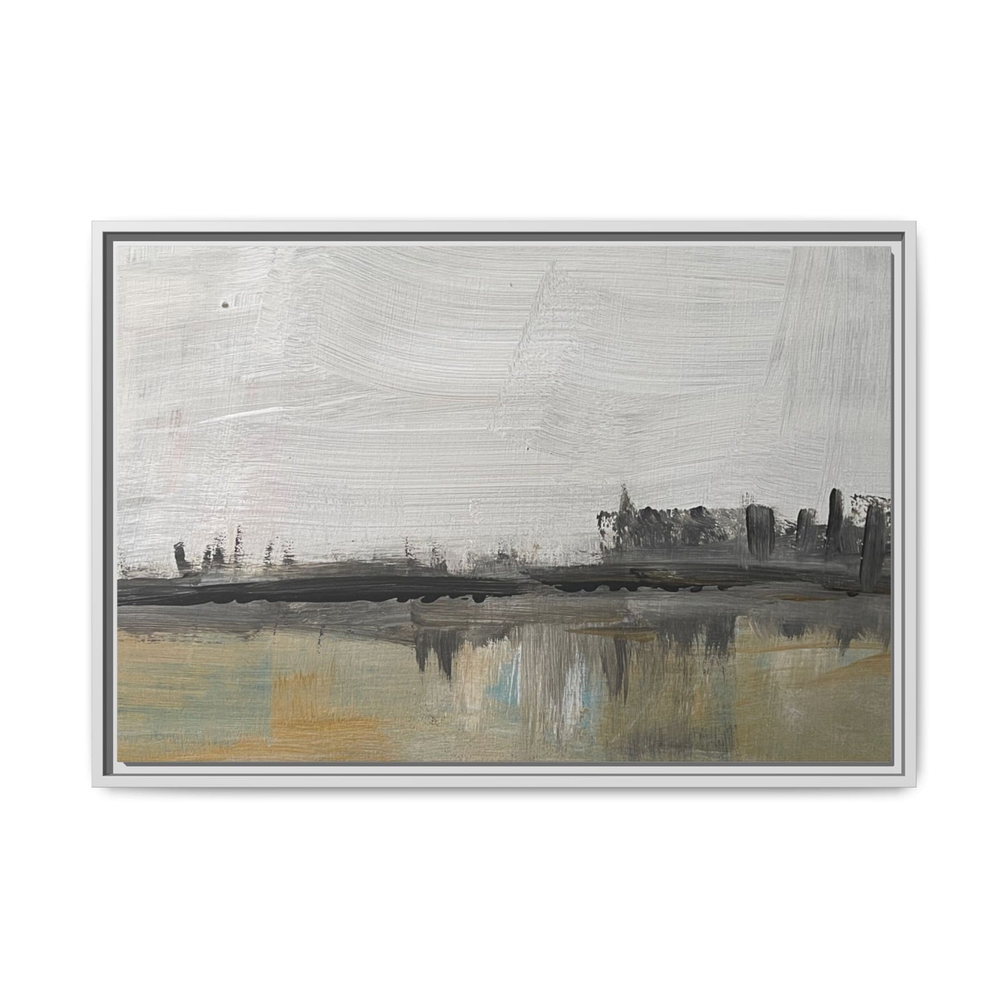 Urban Reflection Framed Canvas Print — Neutral Cityscape Wall Art