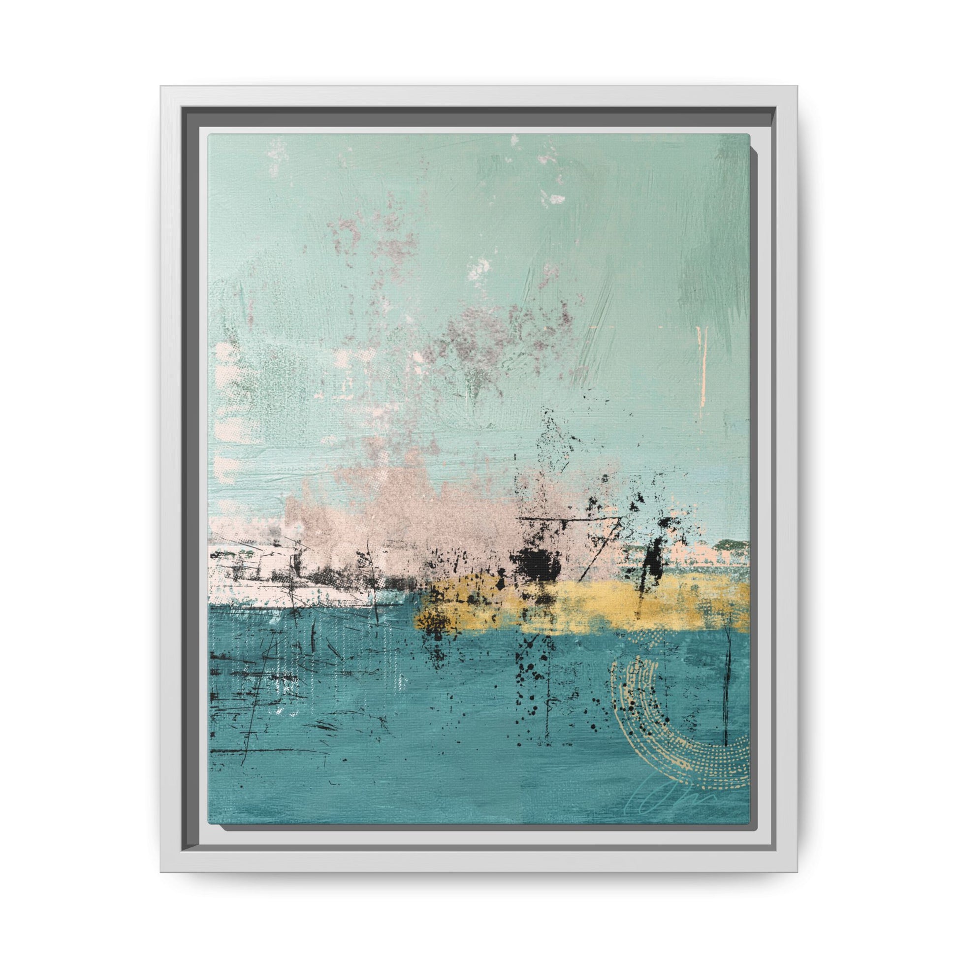 Abstract Coastal Matte Canvas Framed Art - Teal, Coral & Gold Modern Wall Decor - Fortunate Lemon Shop