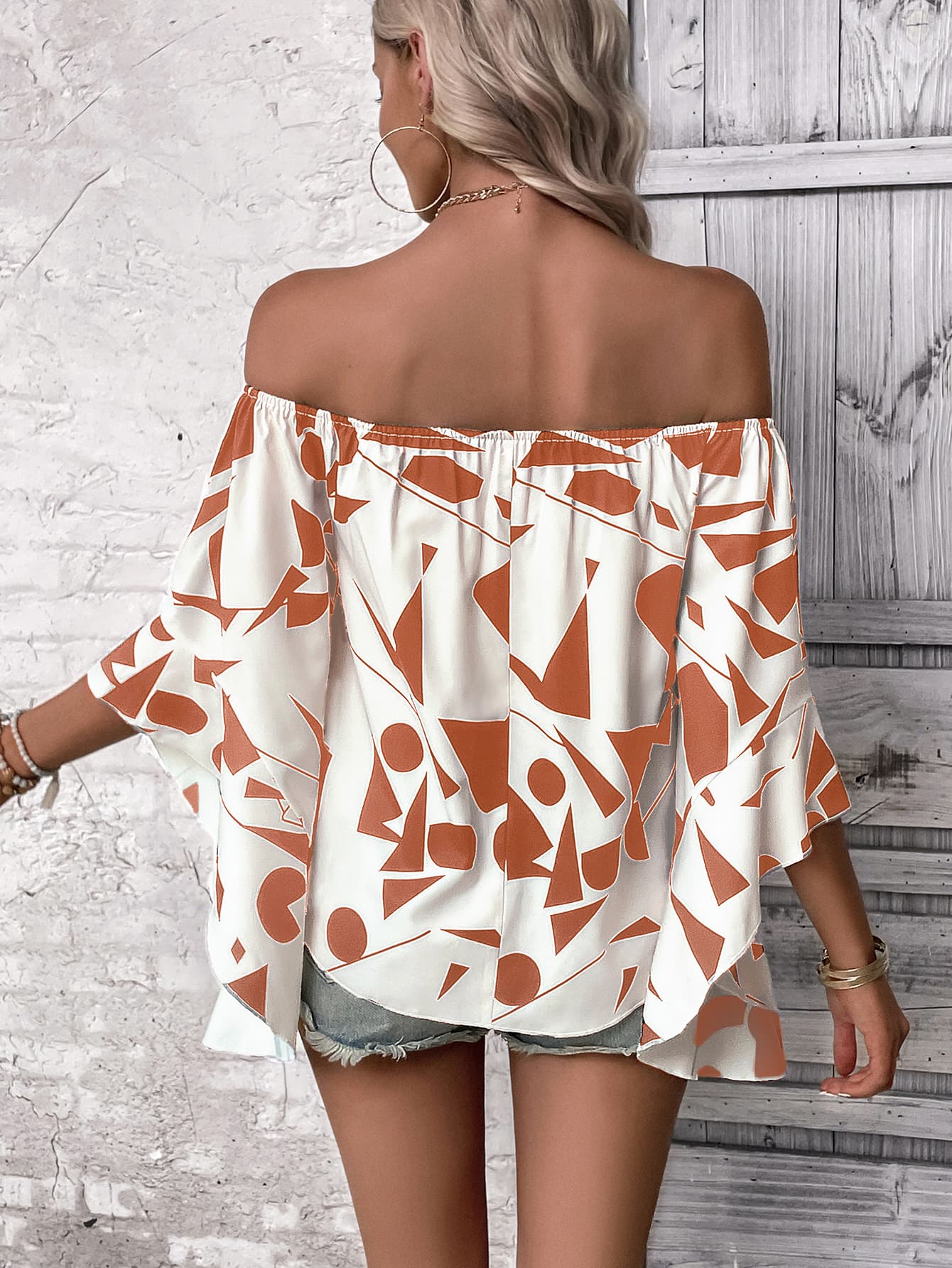 Printed Off-Shoulder Bell Sleeve Blouse - Fortunate Lemon Shop