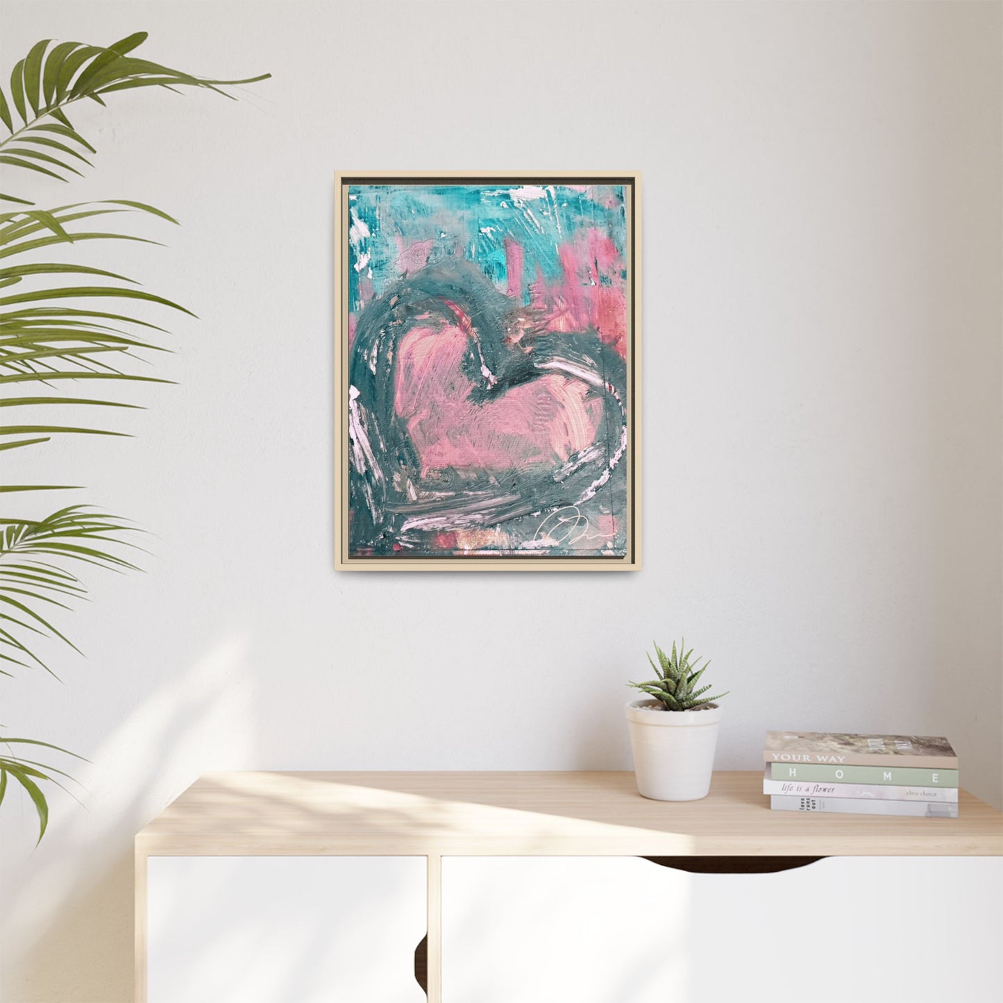 Abstract Pink Heart Framed Canvas Art – Romantic Multi-Color Wall Decor - Fortunate Lemon Shop