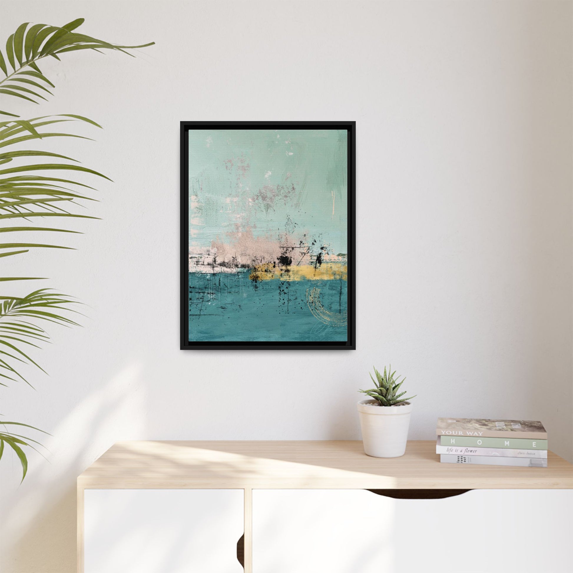 Abstract Coastal Matte Canvas Framed Art - Teal, Coral & Gold Modern Wall Decor - Fortunate Lemon Shop