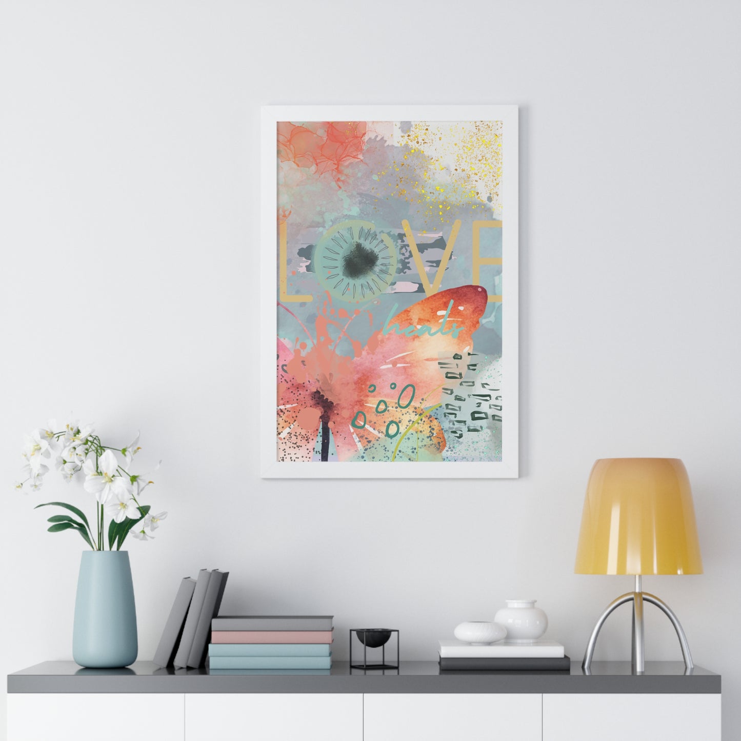 Framed Poster — 'Love Heals' Watercolor Floral Vertical Art Print