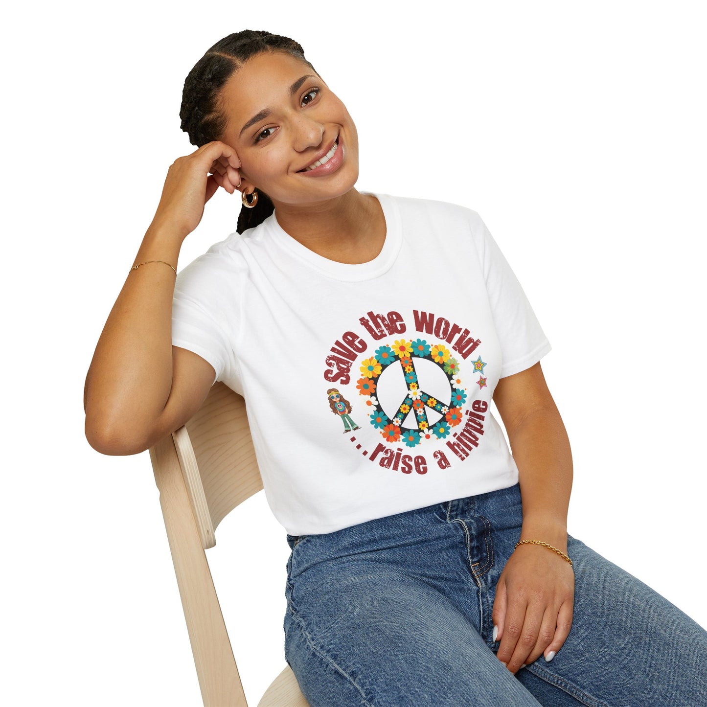 Vintage T-Shirt – "Save the World, Raise a Hippie" Peace Sign Floral Design - Fortunate Lemon Shop