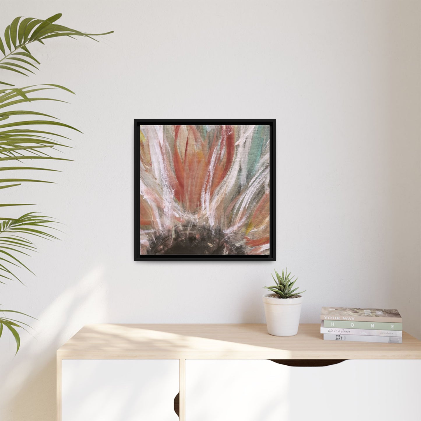 Framed Abstract Flower Canvas Print — Soft Coral & Teal Wall Art - Fortunate Lemon Shop