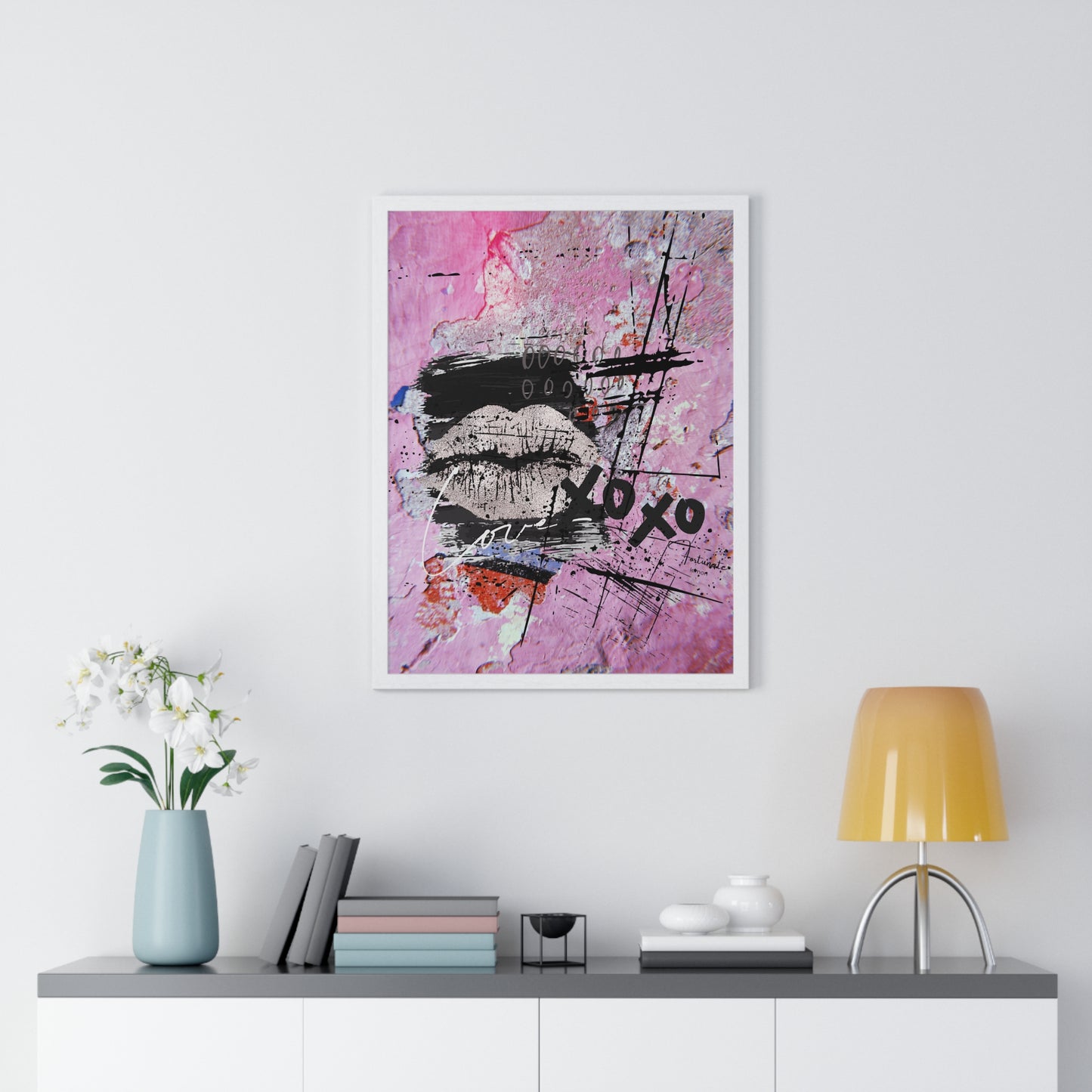 XOXO Lip Print Framed Poster — Pink Abstract Pop Art Wall Decor - Fortunate Lemon Shop