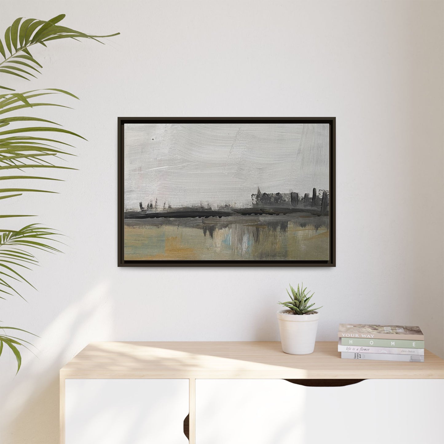 Urban Reflection Framed Canvas Print — Neutral Cityscape Wall Art