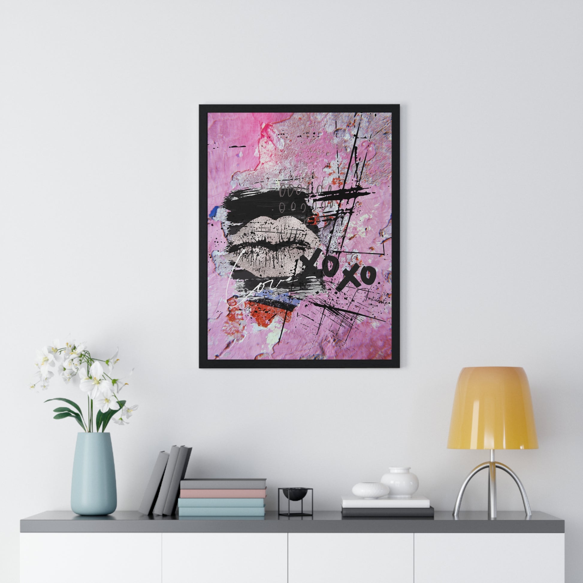 XOXO Lip Print Framed Poster — Pink Abstract Pop Art Wall Decor - Fortunate Lemon Shop