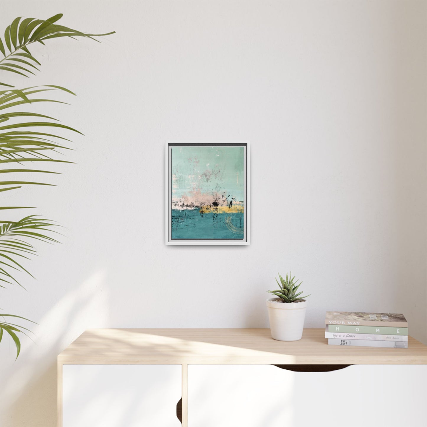 Abstract Coastal Matte Canvas Framed Art - Teal, Coral & Gold Modern Wall Decor - Fortunate Lemon Shop