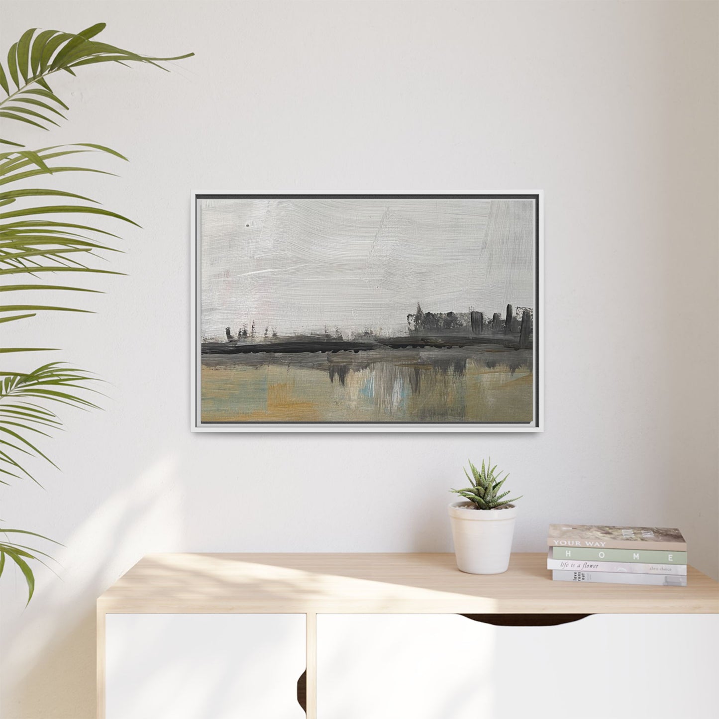 Urban Reflection Framed Canvas Print — Neutral Cityscape Wall Art