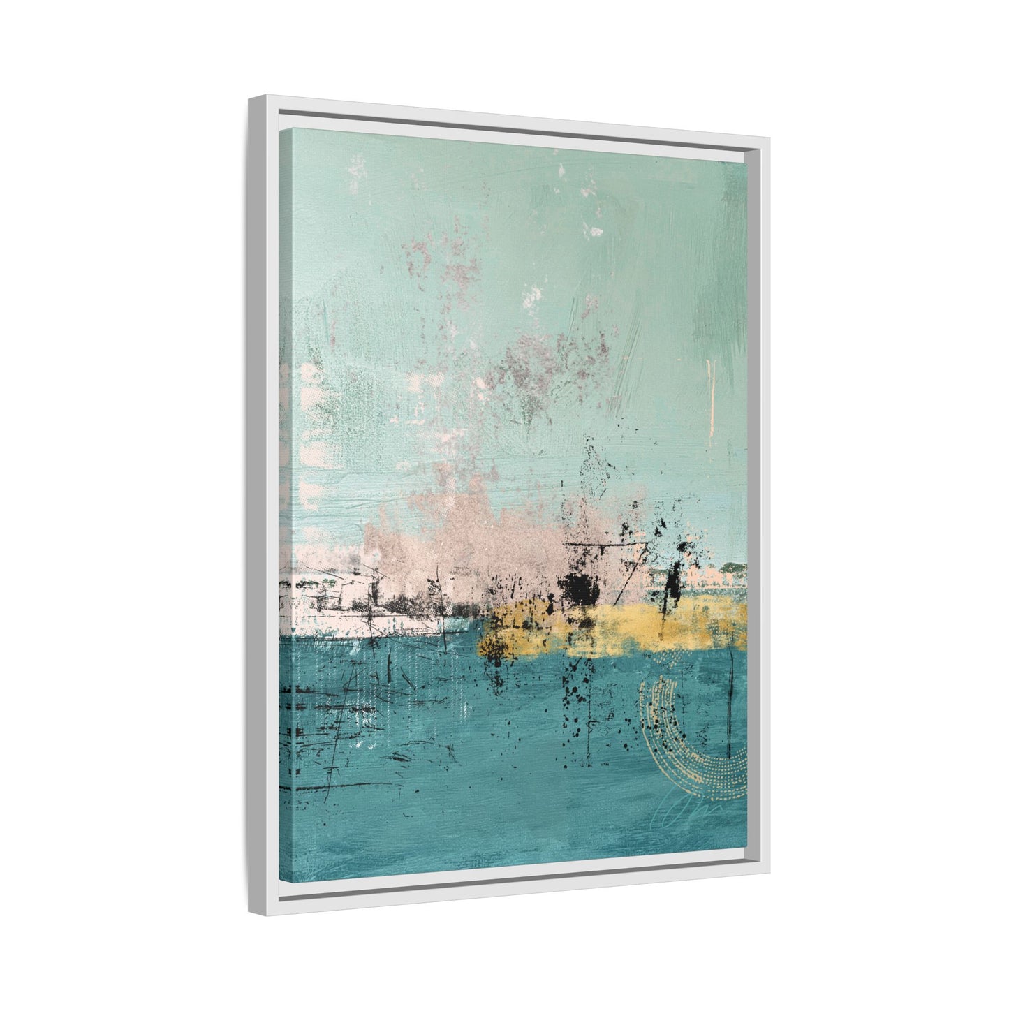 Abstract Coastal Matte Canvas Framed Art - Teal, Coral & Gold Modern Wall Decor - Fortunate Lemon Shop