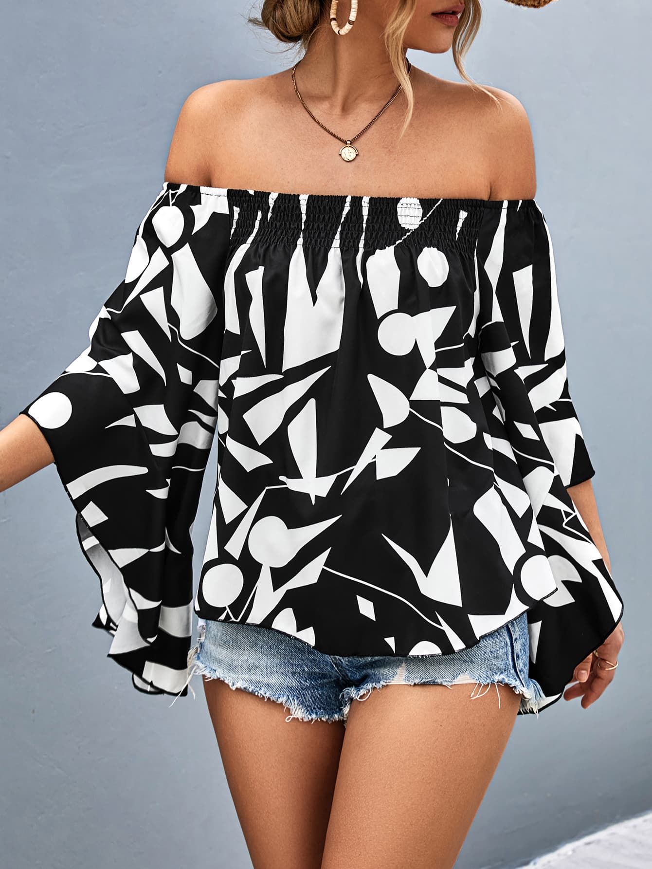 Printed Off-Shoulder Bell Sleeve Blouse - Fortunate Lemon Shop