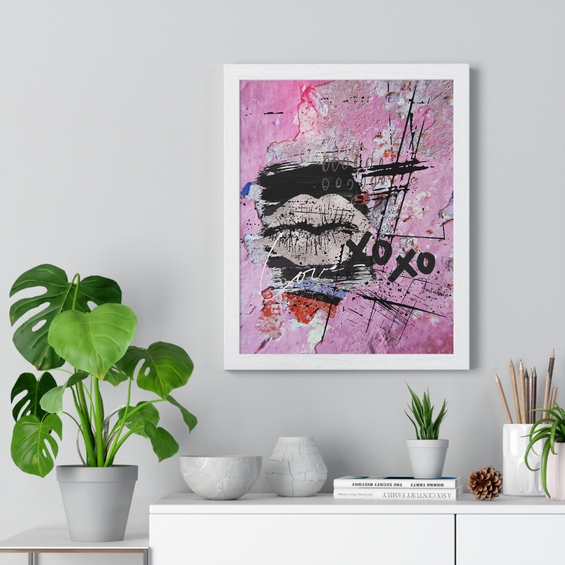 XOXO Lip Print Framed Poster — Pink Abstract Pop Art Wall Decor - Fortunate Lemon Shop