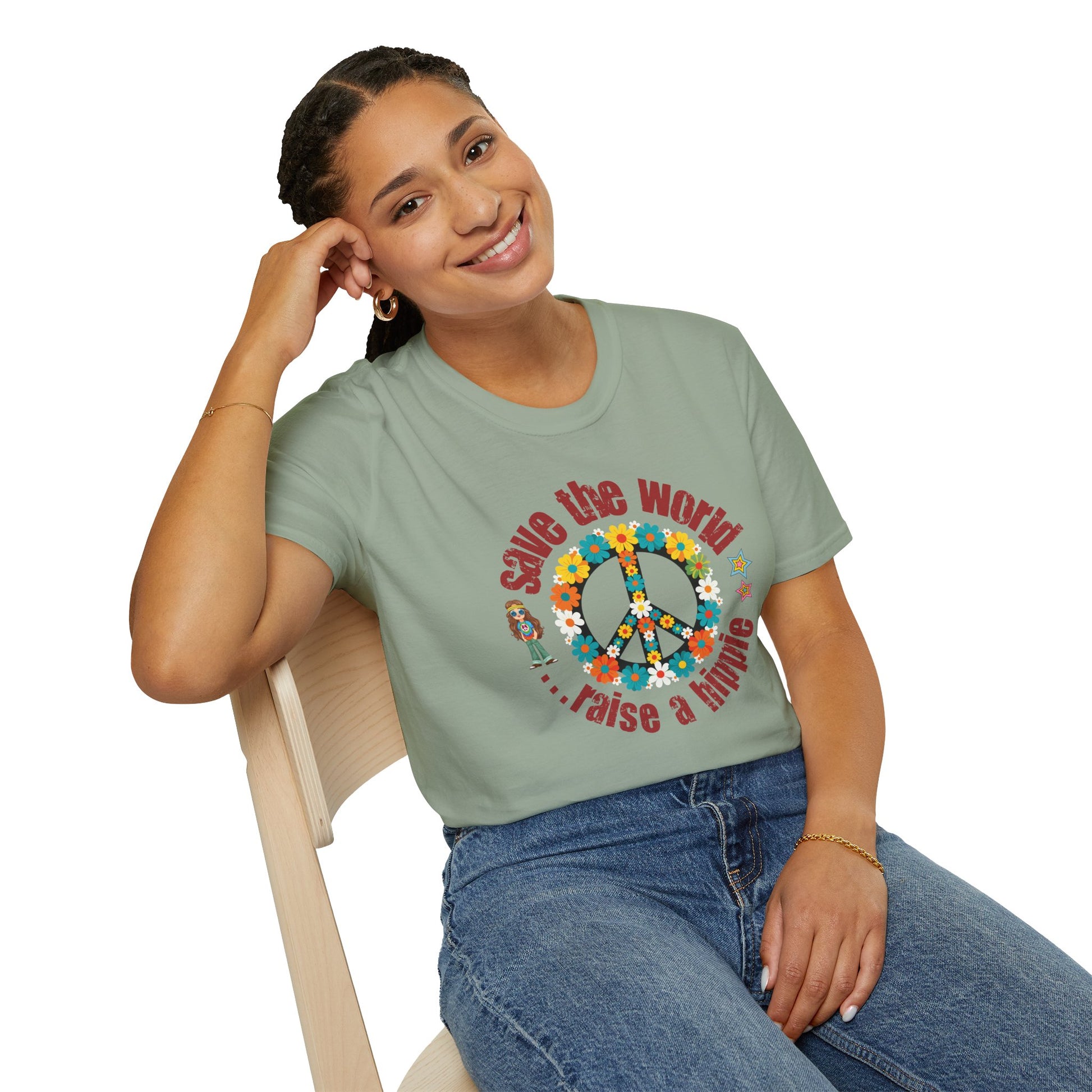 Vintage T-Shirt – "Save the World, Raise a Hippie" Peace Sign Floral Design - Fortunate Lemon Shop