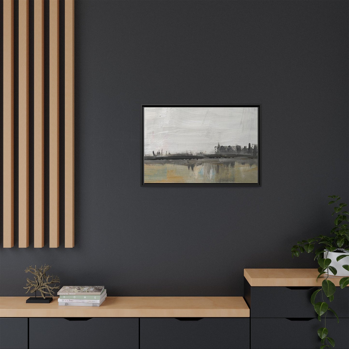 Urban Reflection Framed Canvas Print — Neutral Cityscape Wall Art