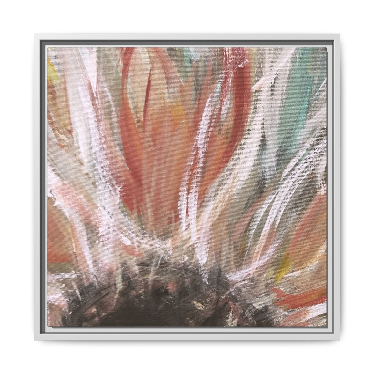 Framed Abstract Flower Canvas Print — Soft Coral & Teal Wall Art - Fortunate Lemon Shop