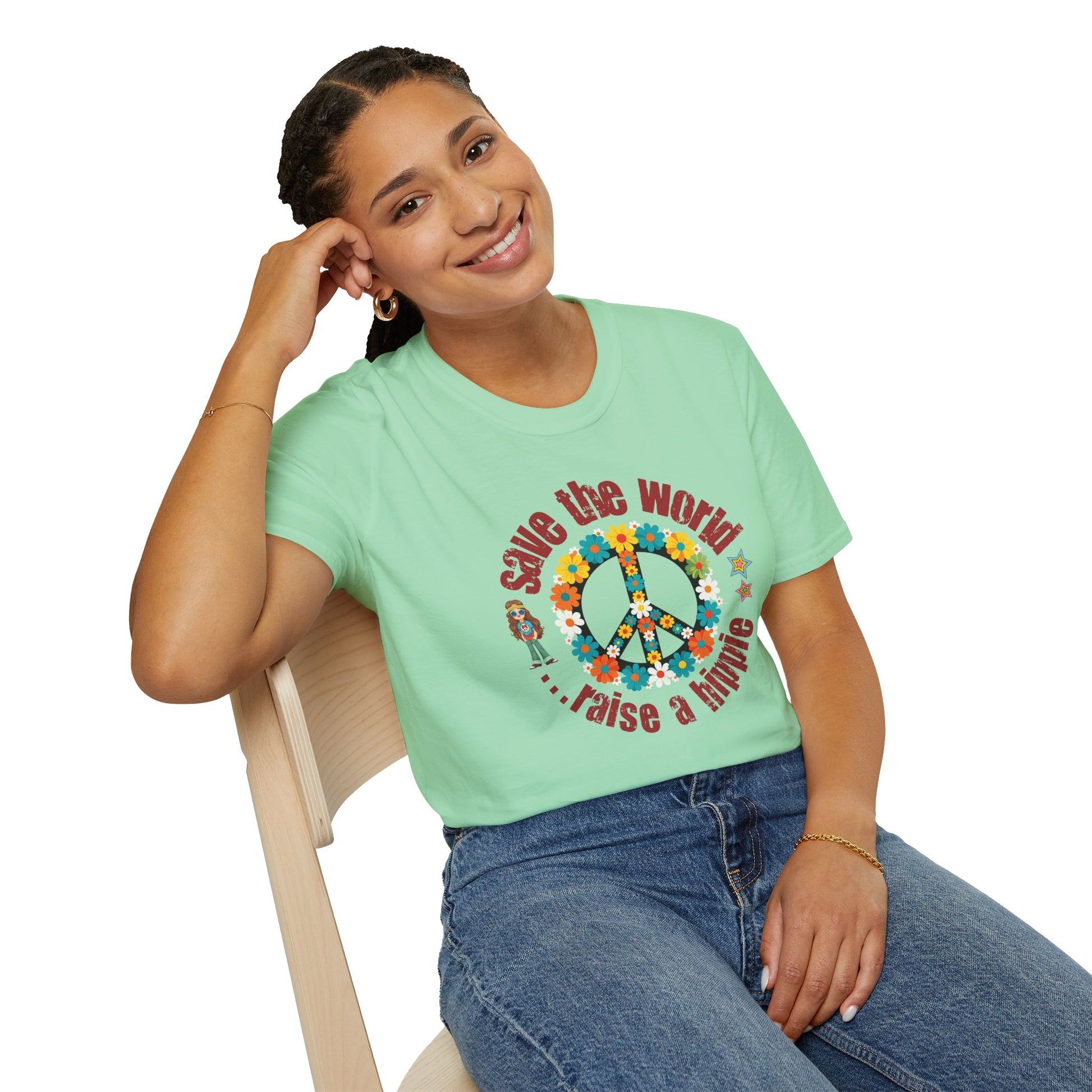 Vintage T-Shirt – "Save the World, Raise a Hippie" Peace Sign Floral Design - Fortunate Lemon Shop