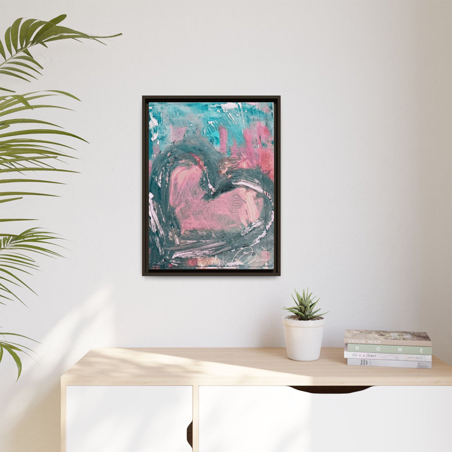 Abstract Pink Heart Framed Canvas Art – Romantic Multi-Color Wall Decor - Fortunate Lemon Shop