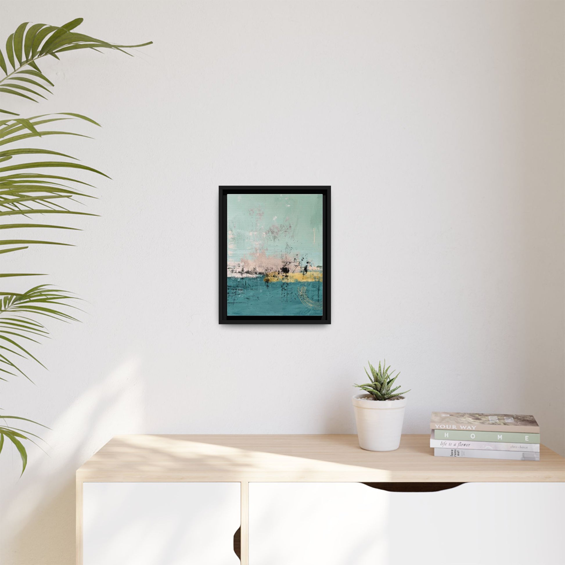 Abstract Coastal Matte Canvas Framed Art - Teal, Coral & Gold Modern Wall Decor - Fortunate Lemon Shop