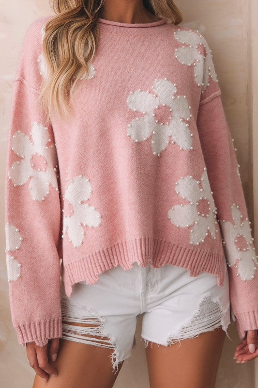 Jaycee Pearl Beaded Floral Drop Shoulder Sweater - Fortunate Lemon Shop