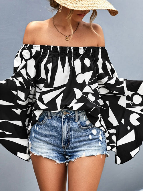 Printed Off-Shoulder Bell Sleeve Blouse - Fortunate Lemon Shop