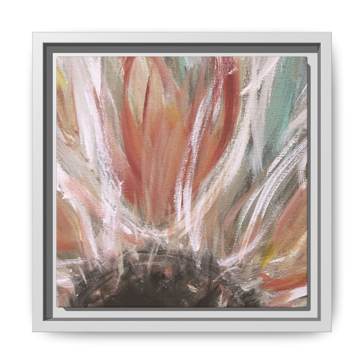 Framed Abstract Flower Canvas Print — Soft Coral & Teal Wall Art - Fortunate Lemon Shop