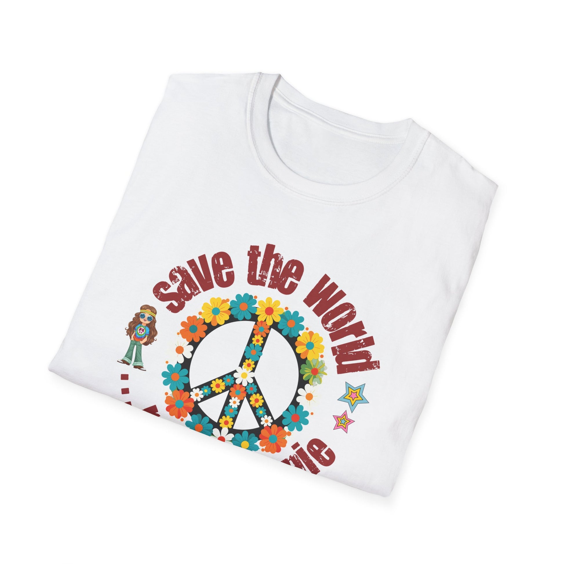 Vintage T-Shirt – "Save the World, Raise a Hippie" Peace Sign Floral Design - Fortunate Lemon Shop