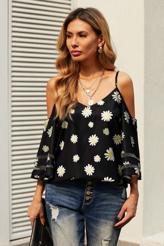 Black Daisy Floral Cold Shoulder Blouse - Fortunate Lemon Shop