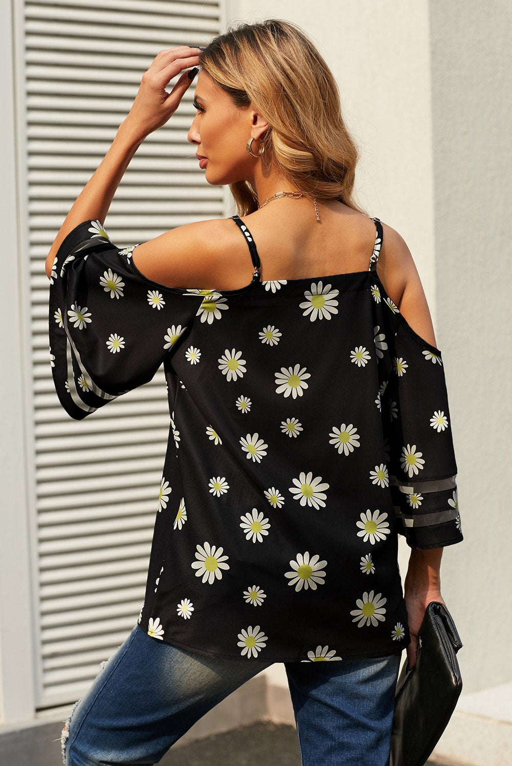 Black Daisy Floral Cold Shoulder Blouse - Fortunate Lemon Shop