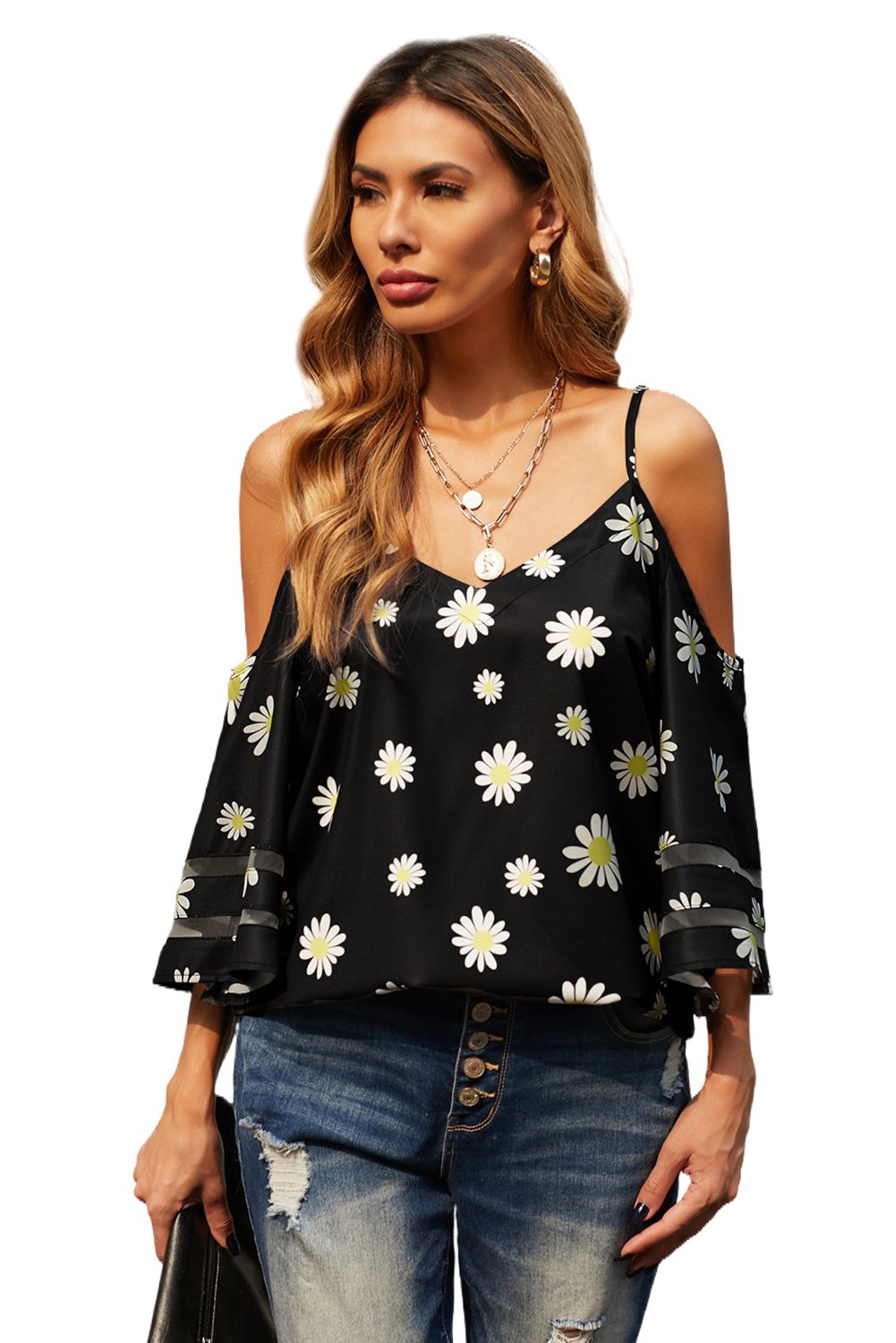 Black Daisy Floral Cold Shoulder Blouse - Fortunate Lemon Shop