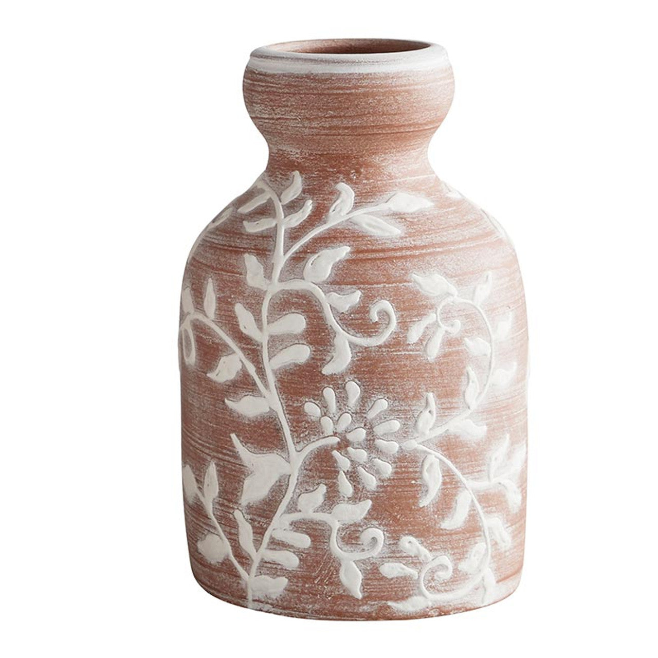 Floral Vase | Embossed Terracotta Short Vase | 9" Tall - Fortunate Lemon Shop