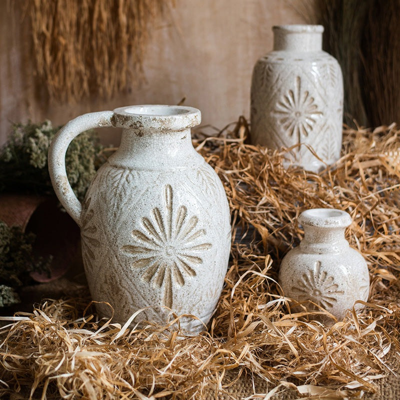 Carved Floral Vase in White - Fortunate Lemon Shop