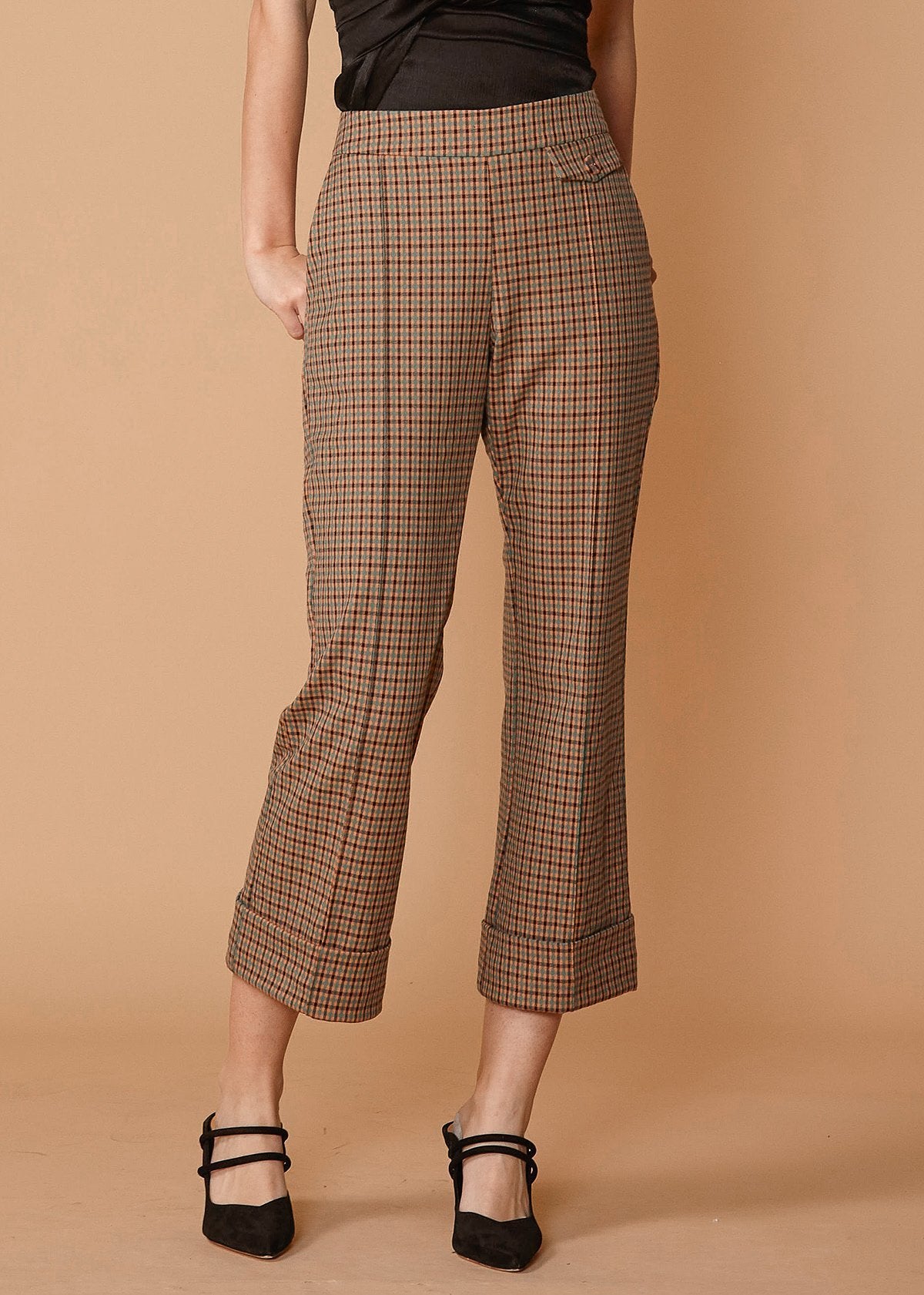 Women's Wide Cuff Trouser in Peach Gingham - Fortunate Lemon Shop