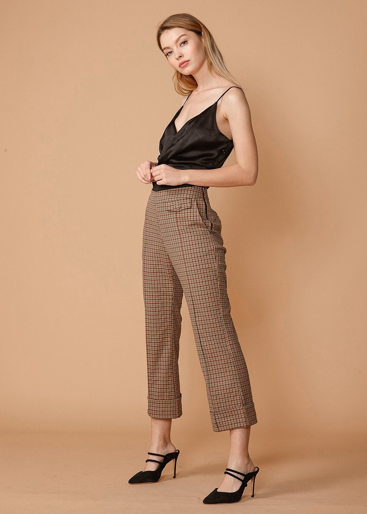 Women's Wide Cuff Trouser in Peach Gingham - Fortunate Lemon Shop