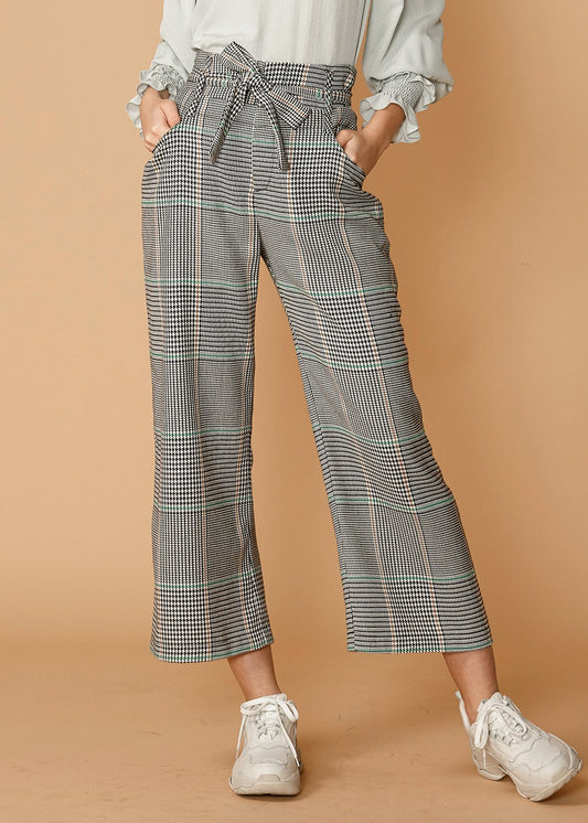 Tailored Plaid Tie‑Waist Cropped Pants