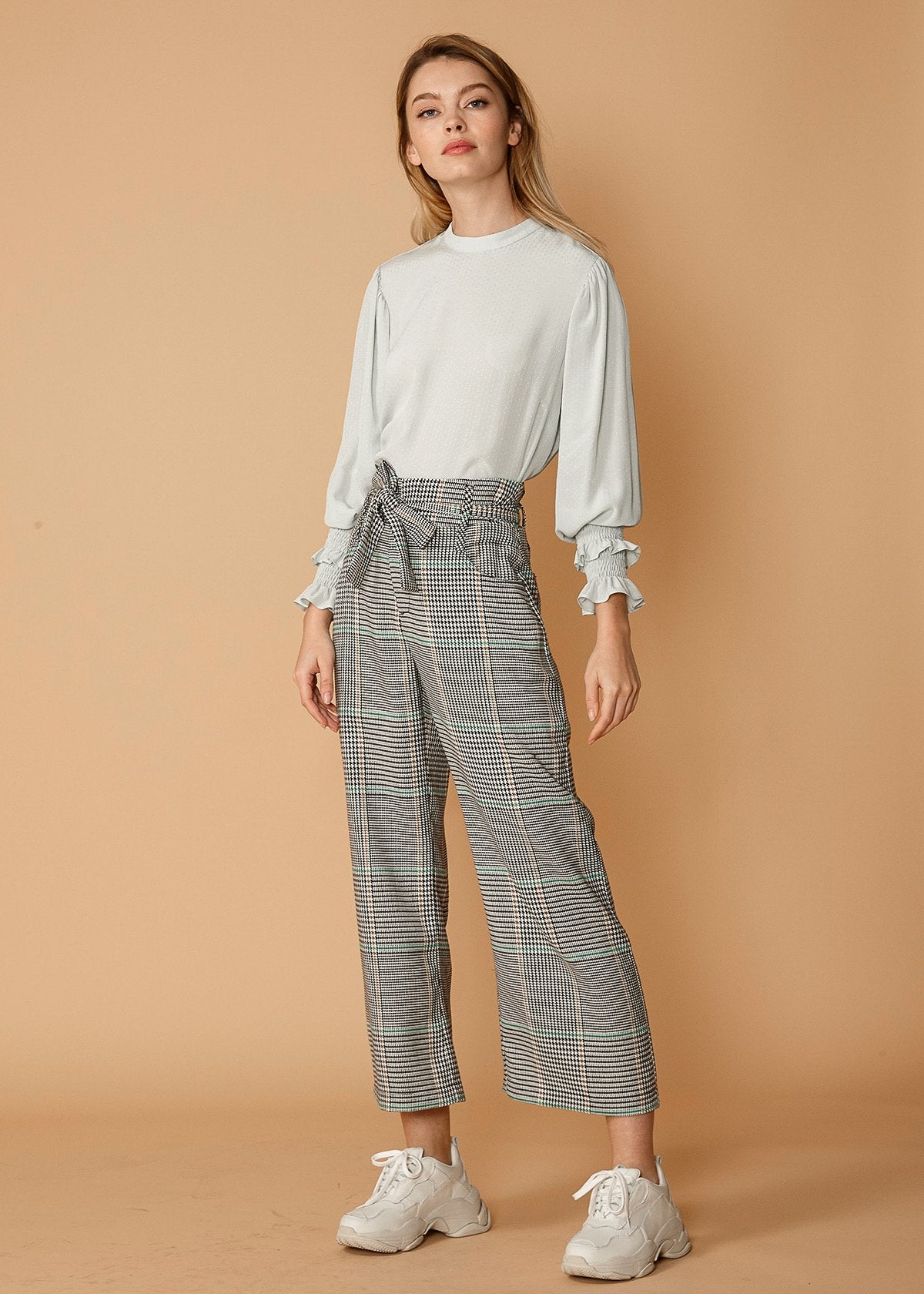 Tailored Plaid Tie‑Waist Cropped Pants - Fortunate Lemon Shop