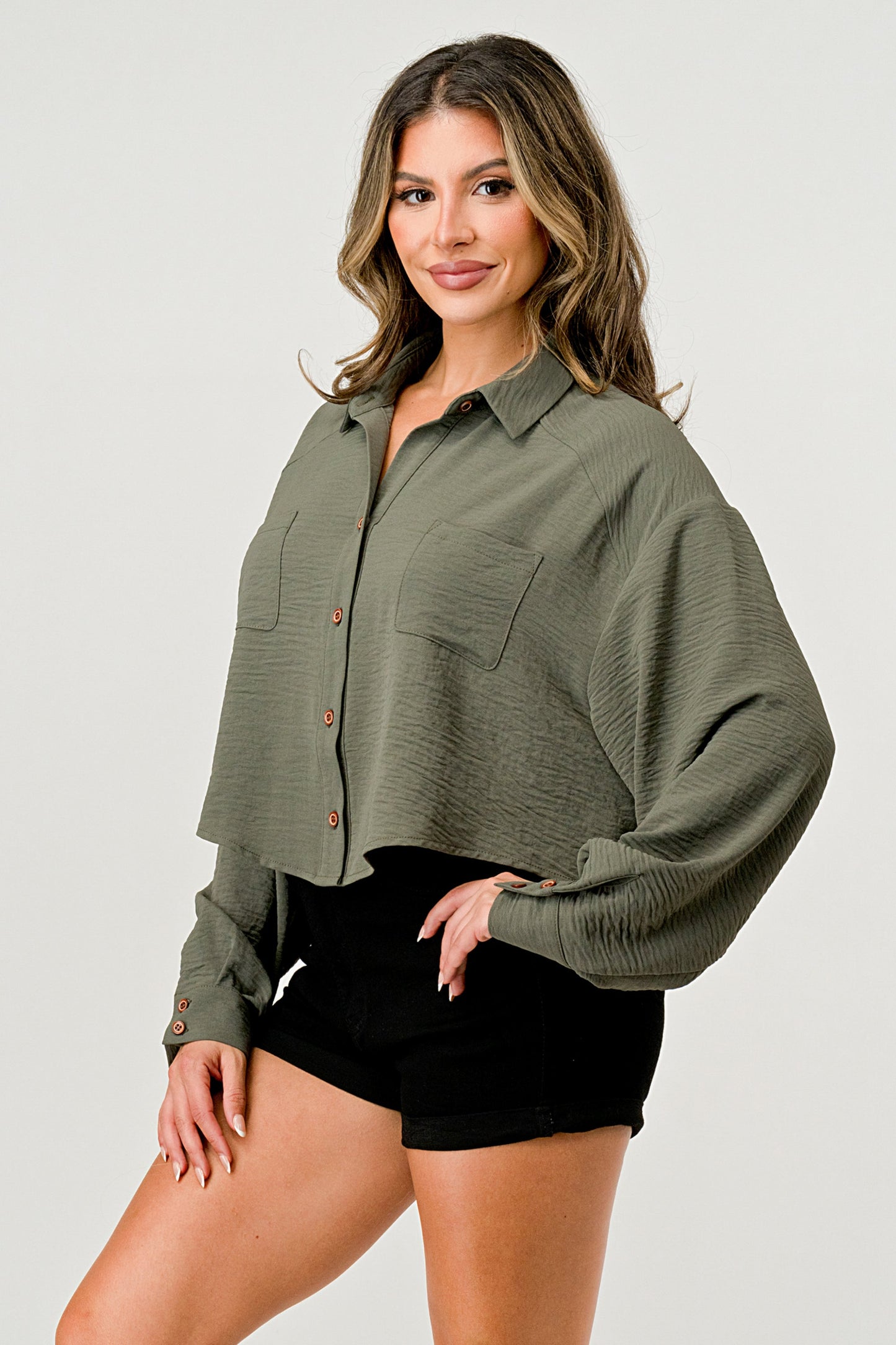 Loose fit solid woven shirt top with button front - Fortunate Lemon Shop