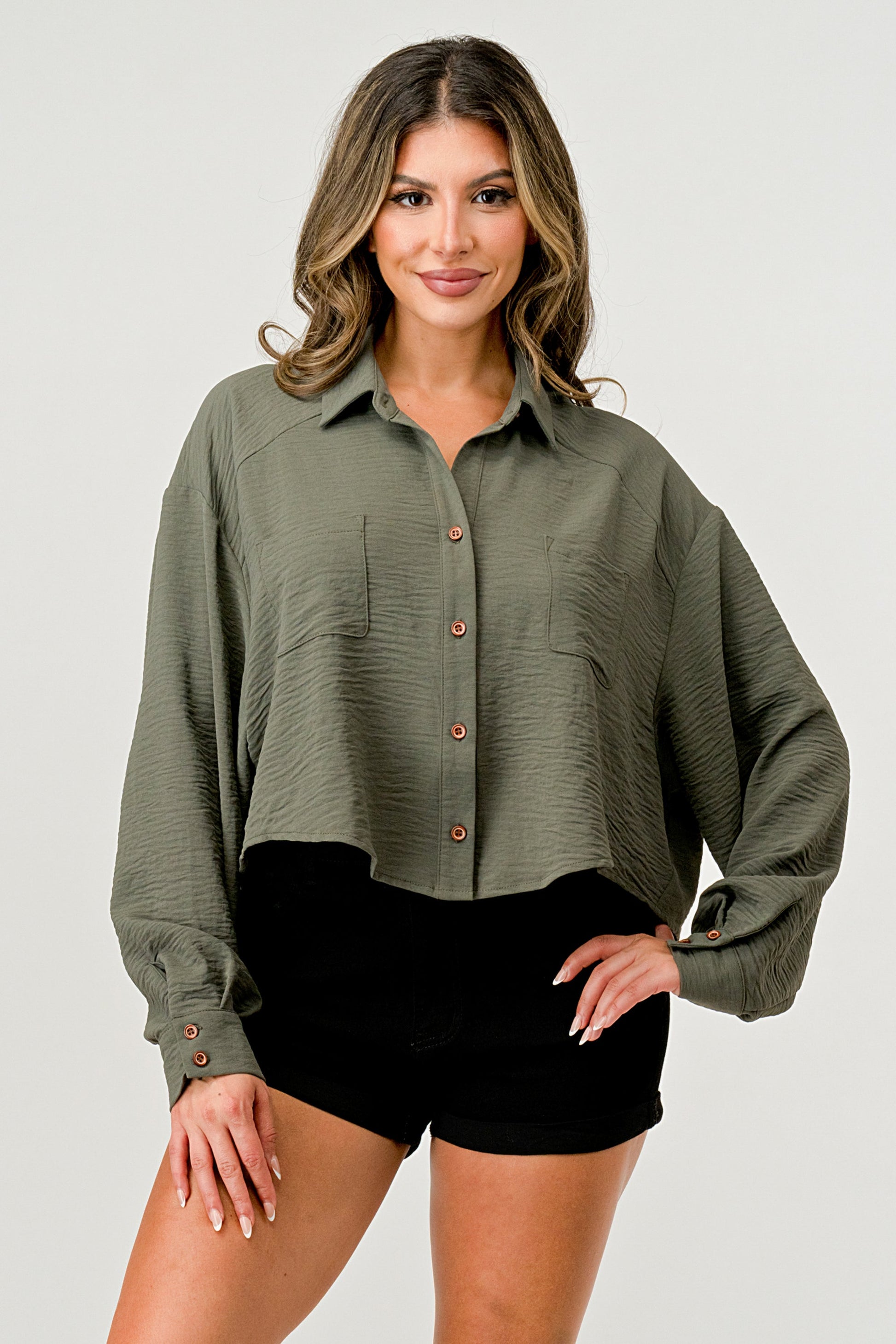 Loose fit solid woven shirt top with button front - Fortunate Lemon Shop