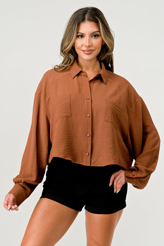 Loose fit solid woven shirt top with button front - Fortunate Lemon Shop