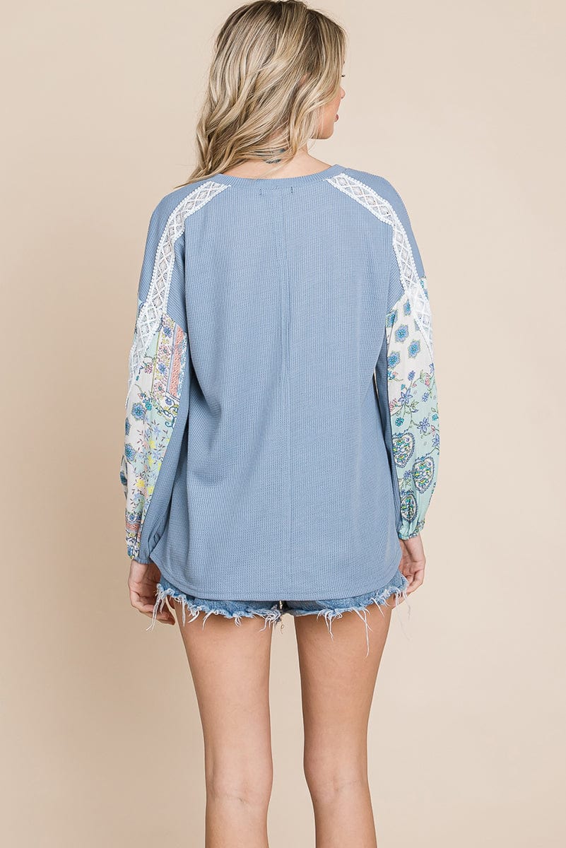 Blossom Sleeve Waffle Pullover - Fortunate Lemon Shop