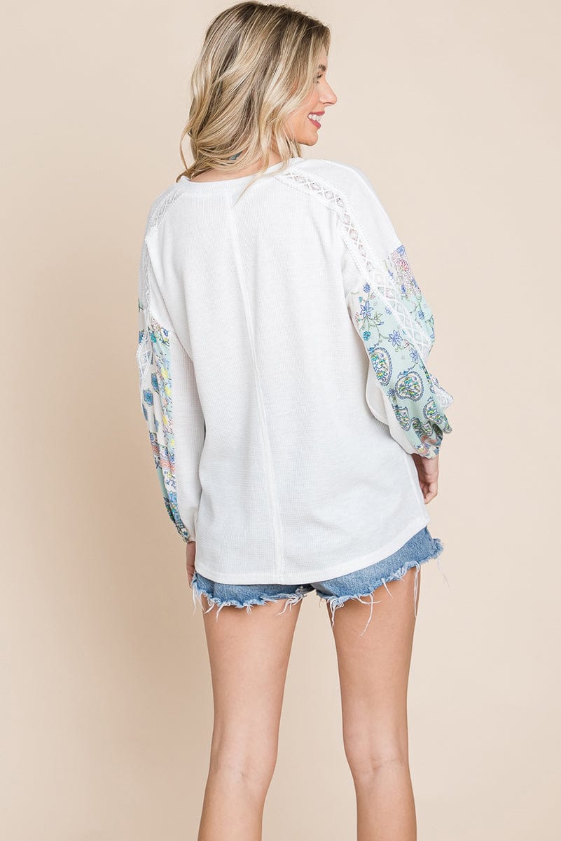 Blossom Sleeve Waffle Pullover - Fortunate Lemon Shop