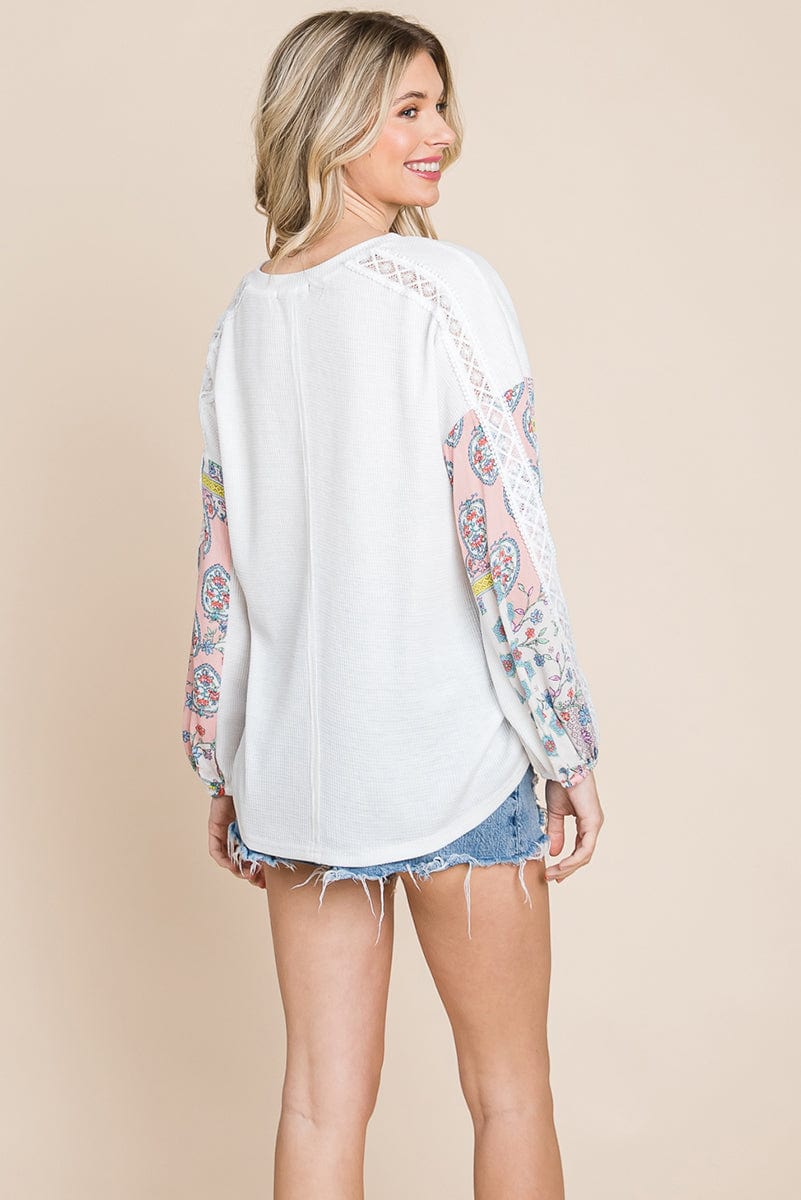 Blossom Sleeve Waffle Pullover - Fortunate Lemon Shop