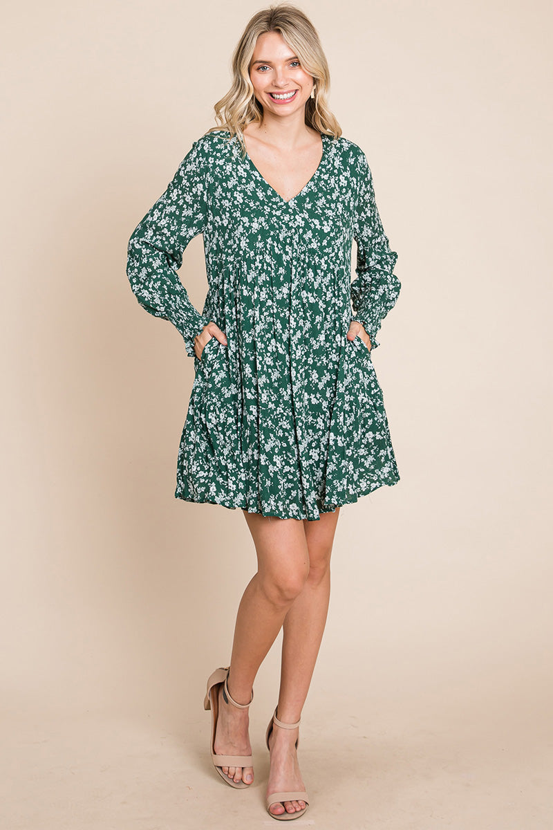 Floral Printed Long Sleeve Pleated Dress - Fortunate Lemon Shop