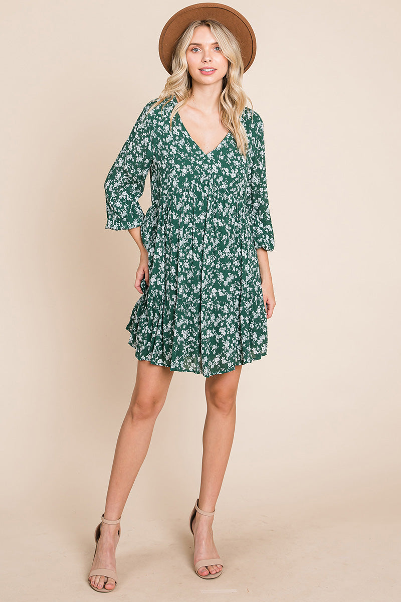 Floral Printed Long Sleeve Pleated Dress - Fortunate Lemon Shop